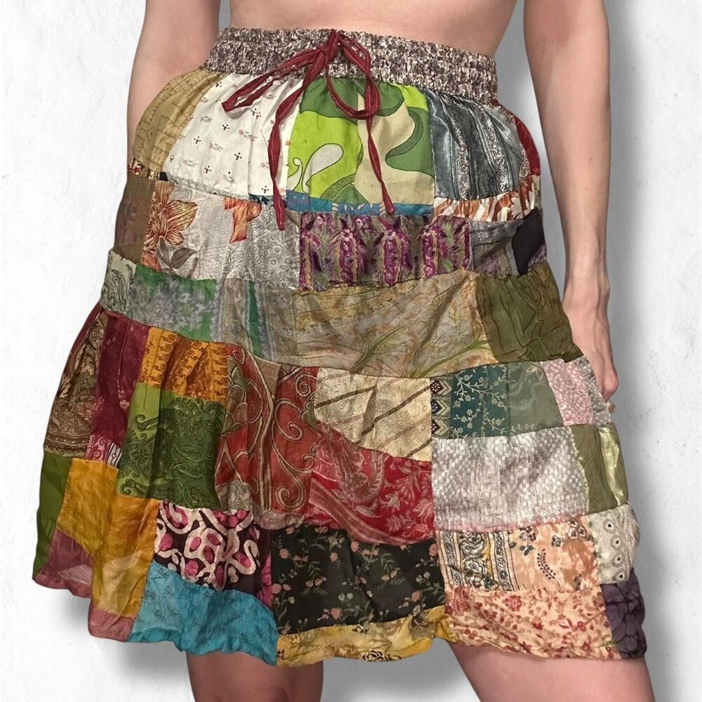 Art Studio Women's 100% Silk Patchwork Aline Size Small Skirt Reworked Unique